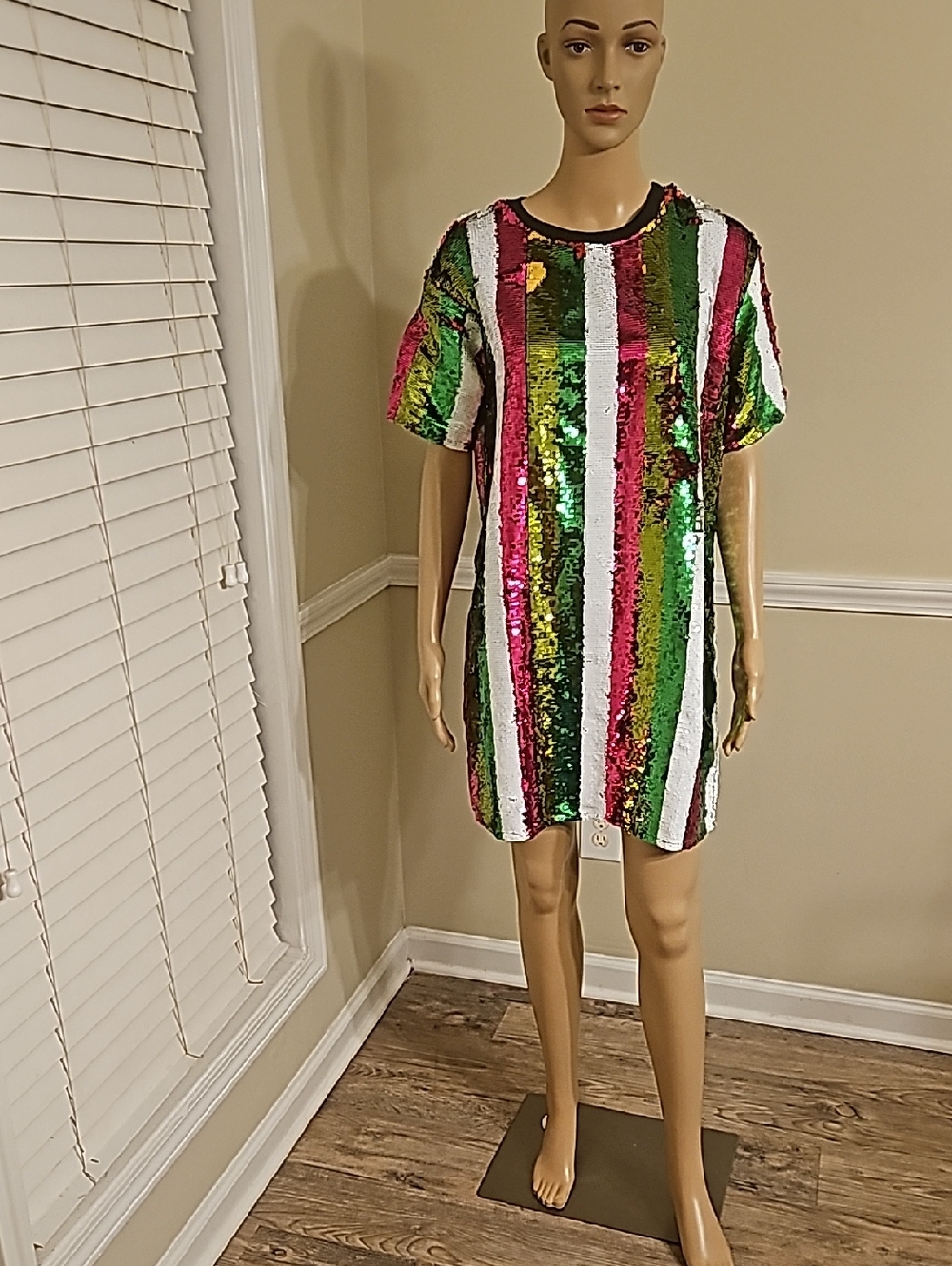 Sequin Stripe Short Sleeve Shift Dress - Green, Pink & White